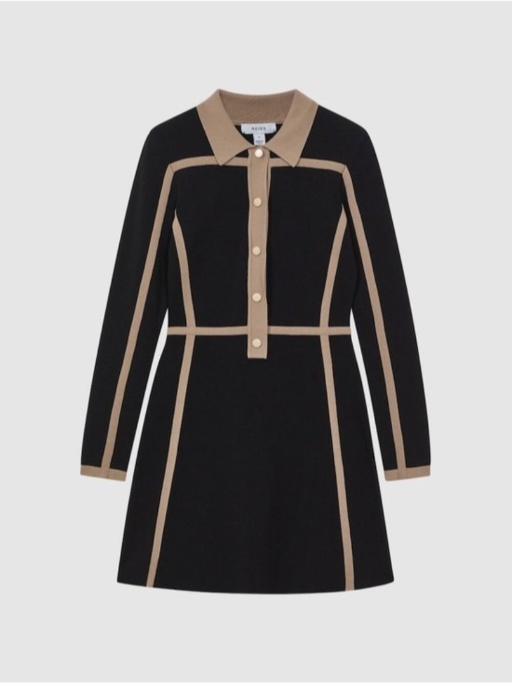 REISS-NikkiContrast Trim Press-Stud Mini Dress in Black/Camel